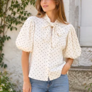 Polka Dot Balloon Sleeve Tie Front Blouse