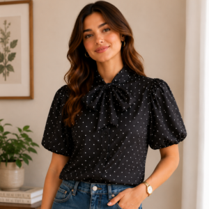 Polka Dot Balloon Sleeve Tie Front Blouse