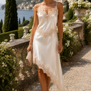 Cream Satin Asymmetric Dress with Guipure Lace Detail.